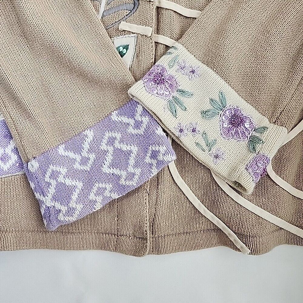 Storybook Knits M Asian Inspired Cardigan Purple Tan Geisha Fan Grandmacore - Picture 7 of 12